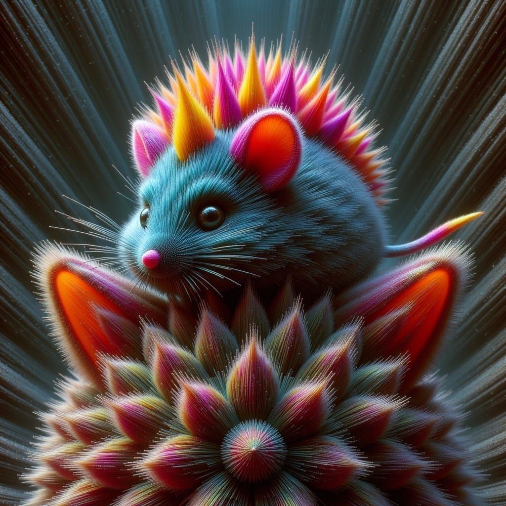 Fluffy Tribal Mouse on Cat, Dark Fantasy Art