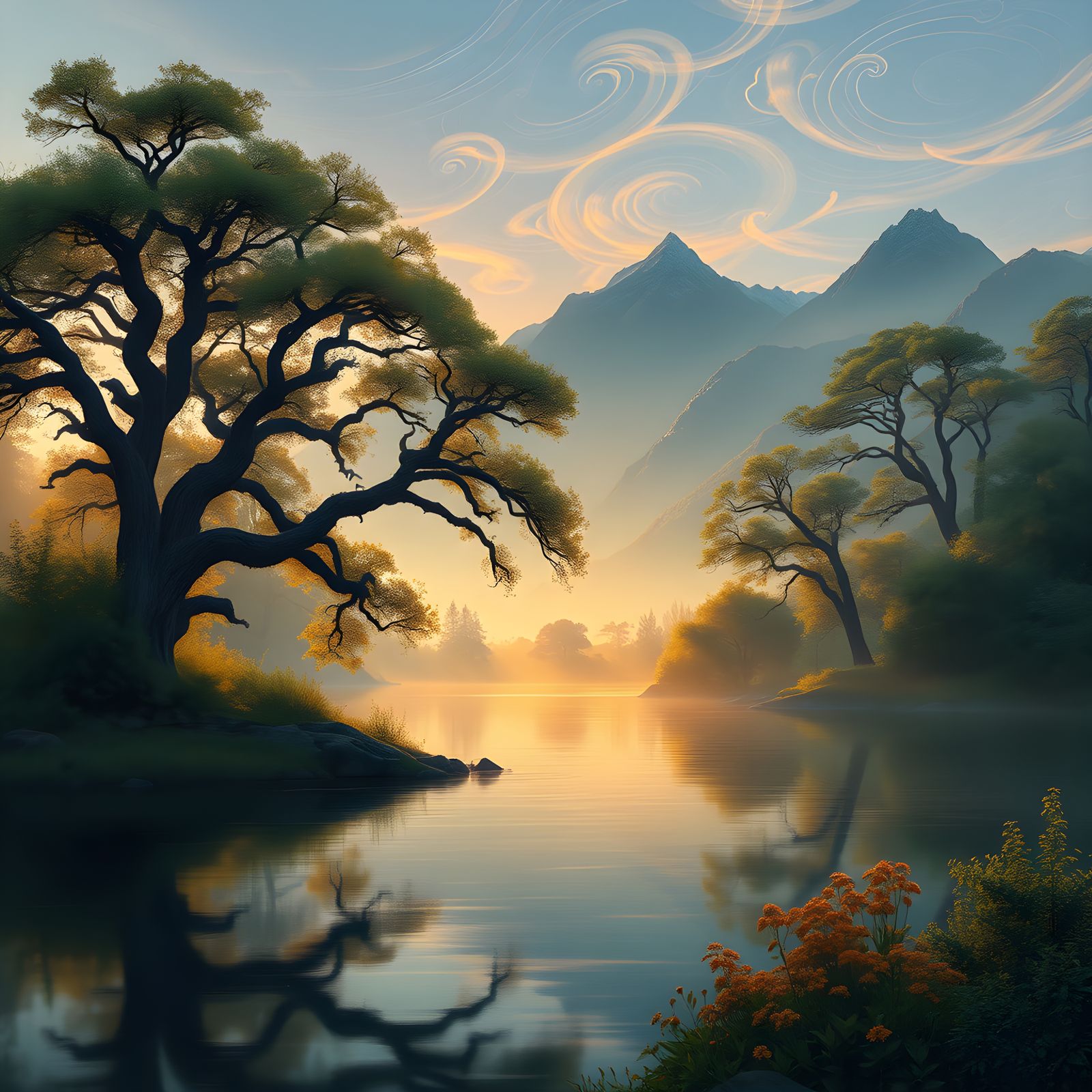 Fantastical Swan Lake Matte Painting in Deep Color