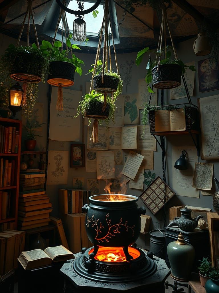 Whimsical Bohemian Alchemist's Sanctuary in Watercolor Ukiyo...