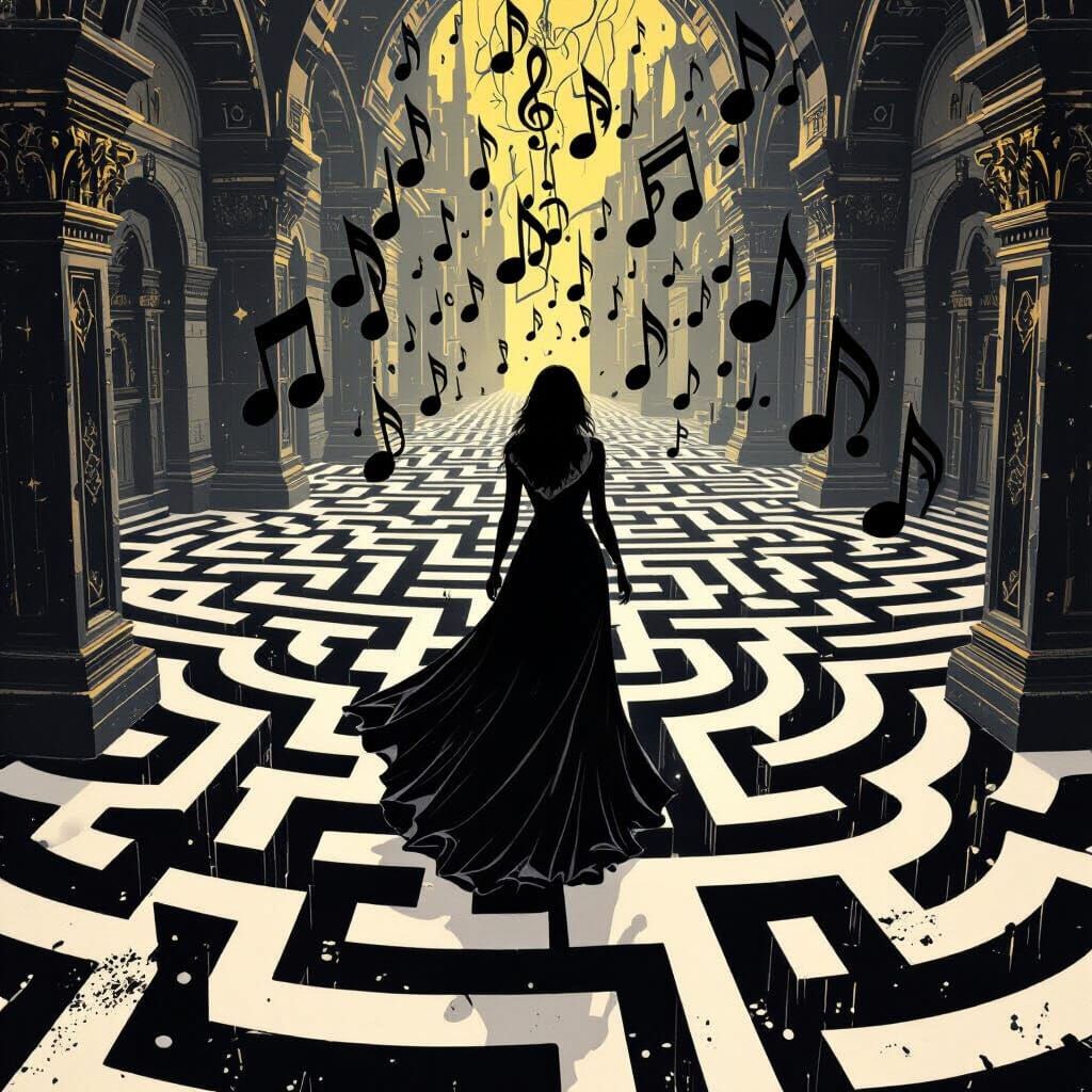 Woman in Black and White Maze with Floating Music Notes