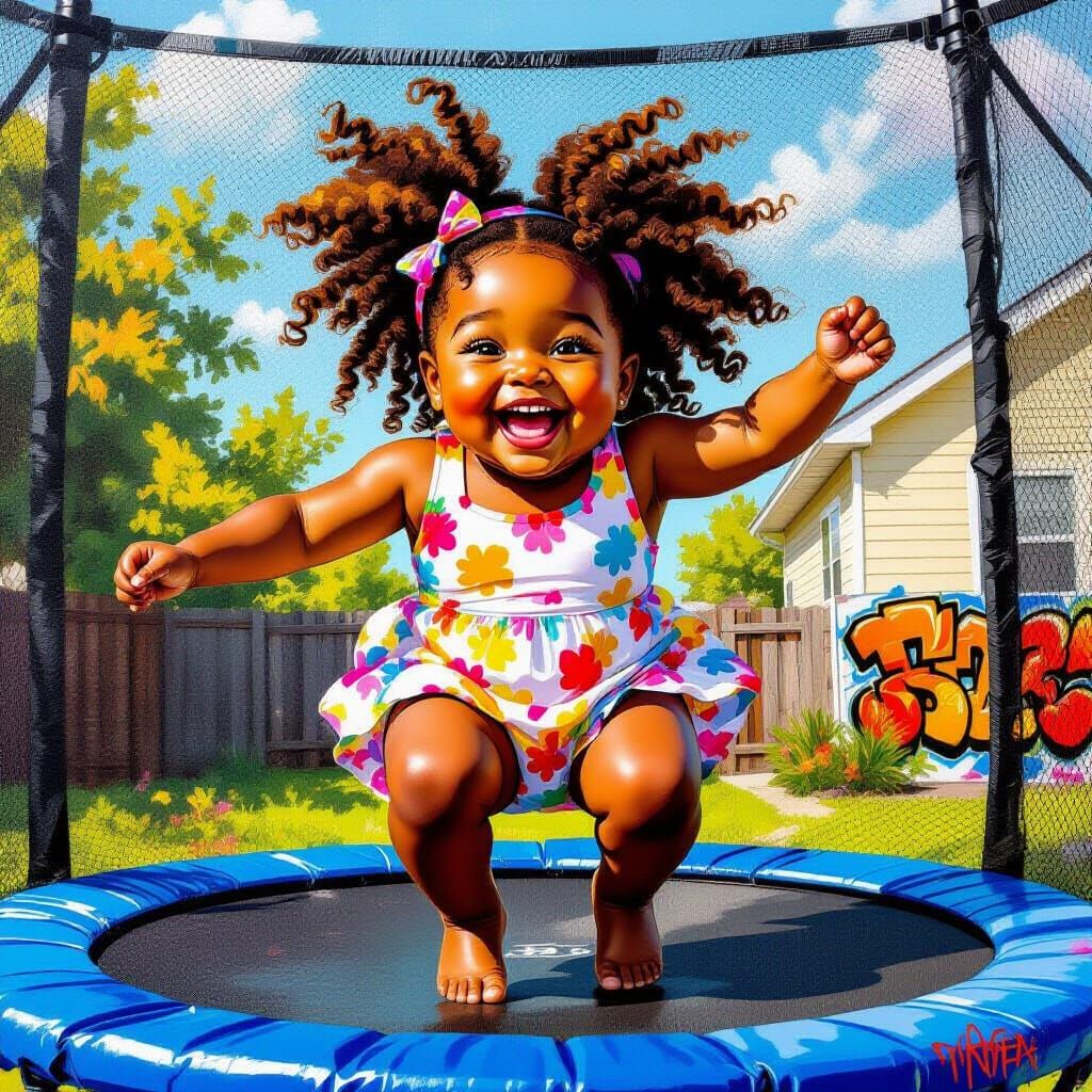 Joyful Girl Bouncing on Trampoline in Graffiti Style