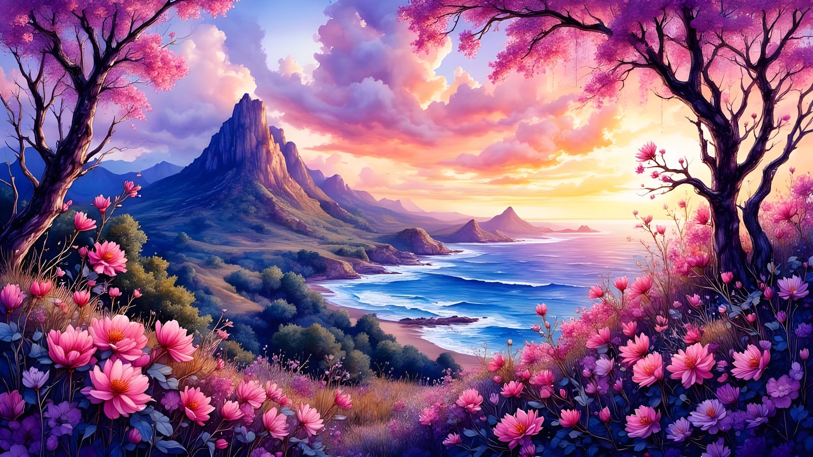 Sunrise Mountainscape with Blooming Bushland and Ocean