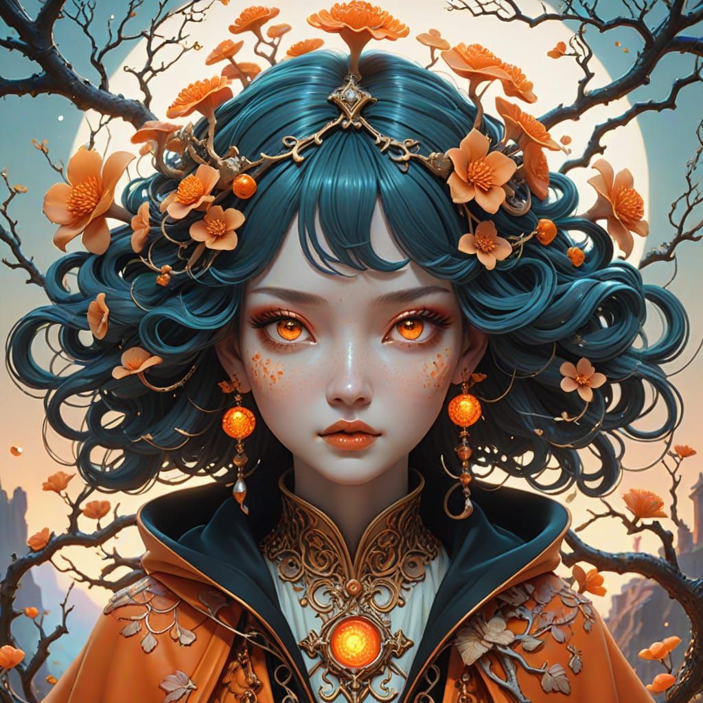 Enchanting Visionary in Vibrant Orange Dreamscape