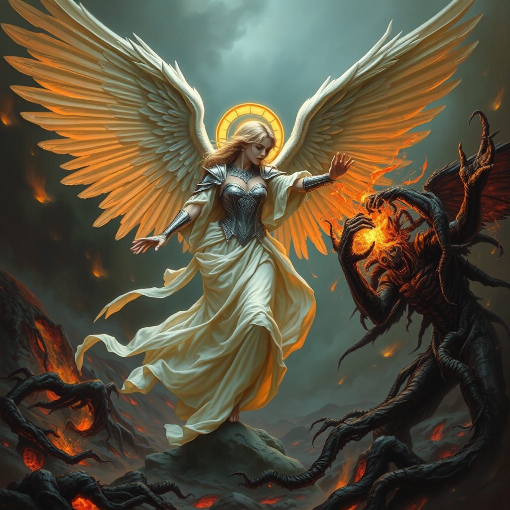 Surreal Angel Battles Dark Lord in Gothic Underworld