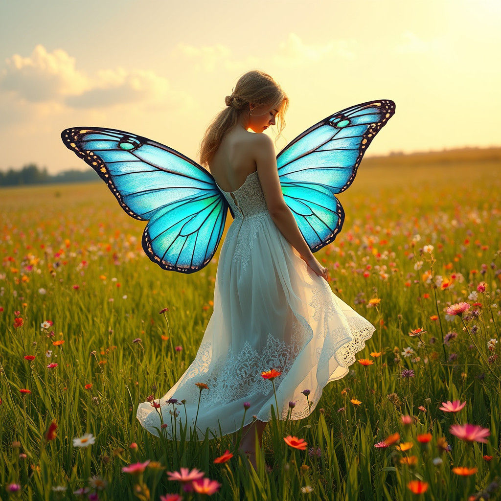 Woman with Butterfly Wings in Wildflower Field