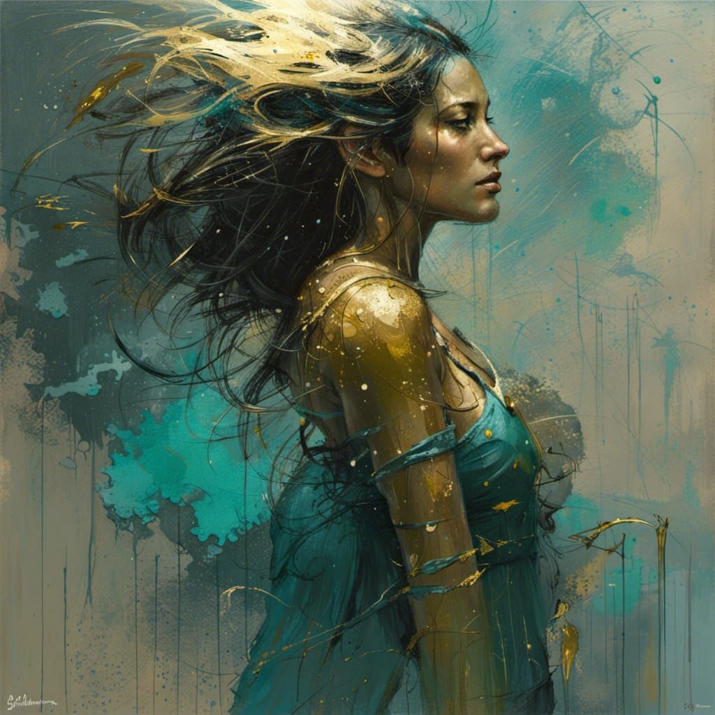 Aquarius Zodiac Spirit in Dark Fantasy Oil Painting