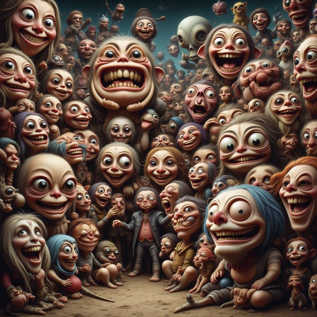 Whimsical Carnival Scene with Cartoonish Smiles and Monstrou...