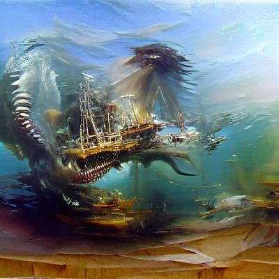 Sea Monster Attack on Pirate Ship: Oil Painting