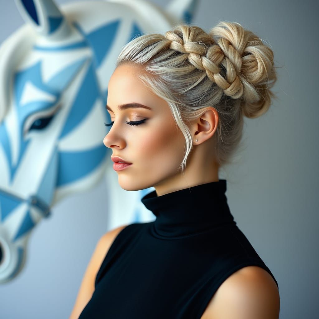 Platinum Blonde Woman Portrait with Horse Sculpture