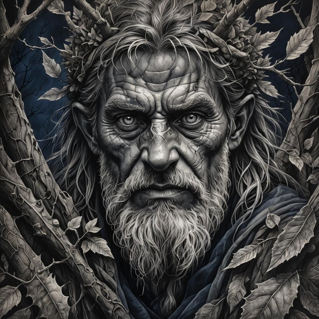 Mystical Druid Portrait in Charcoal