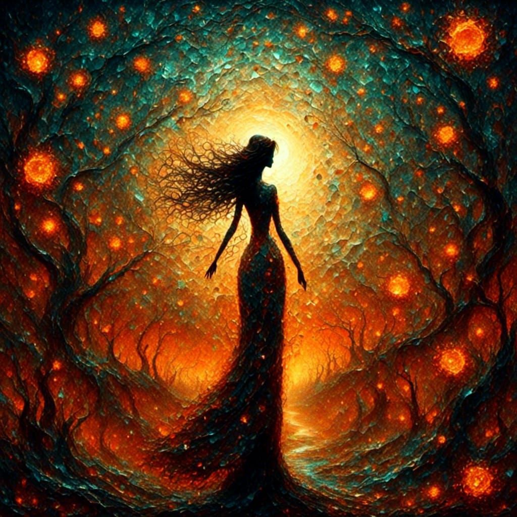 Woman's Silhouette Before Cracked Sun: Oil Painting