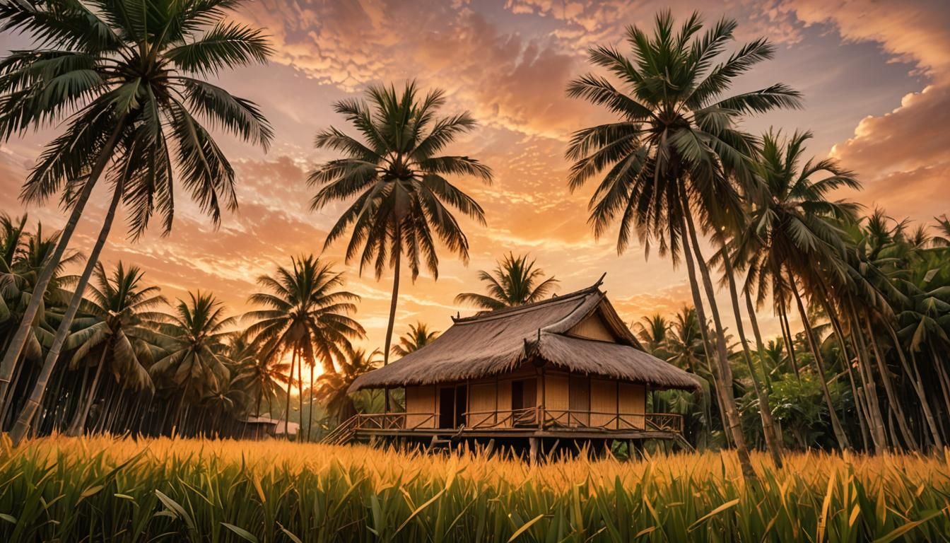 Impressionist Bamboo Hut at Sunset