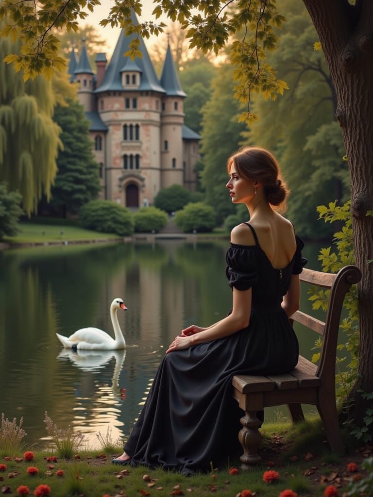 Woman Watches Swan by Castle During Golden Hour