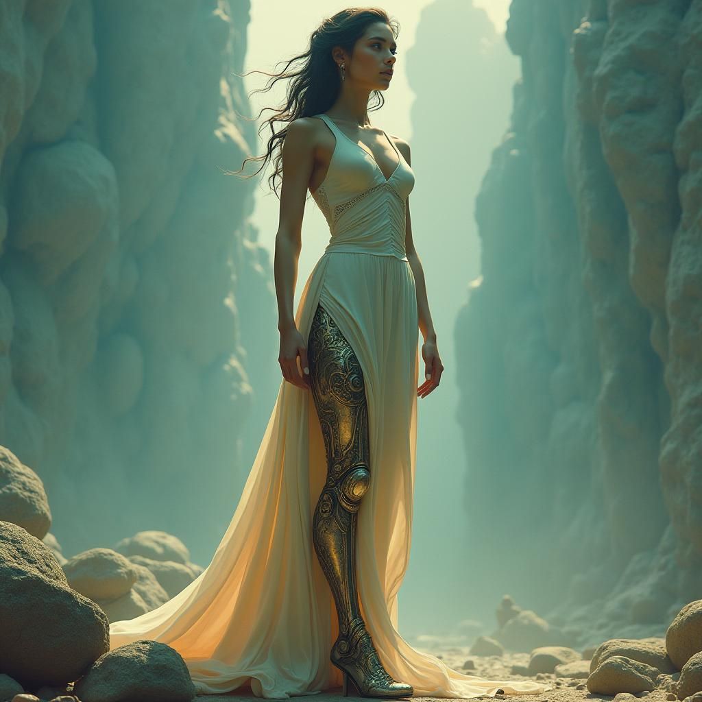 Elegant Woman with Mechanical Leg in Matte Painting Style
