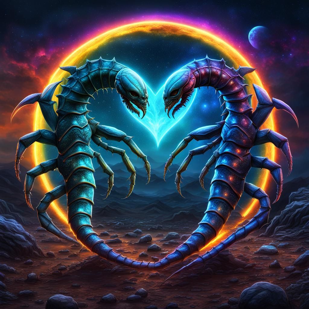 Bioluminescent Alien Scorpions in Love: Sci-Fi Art