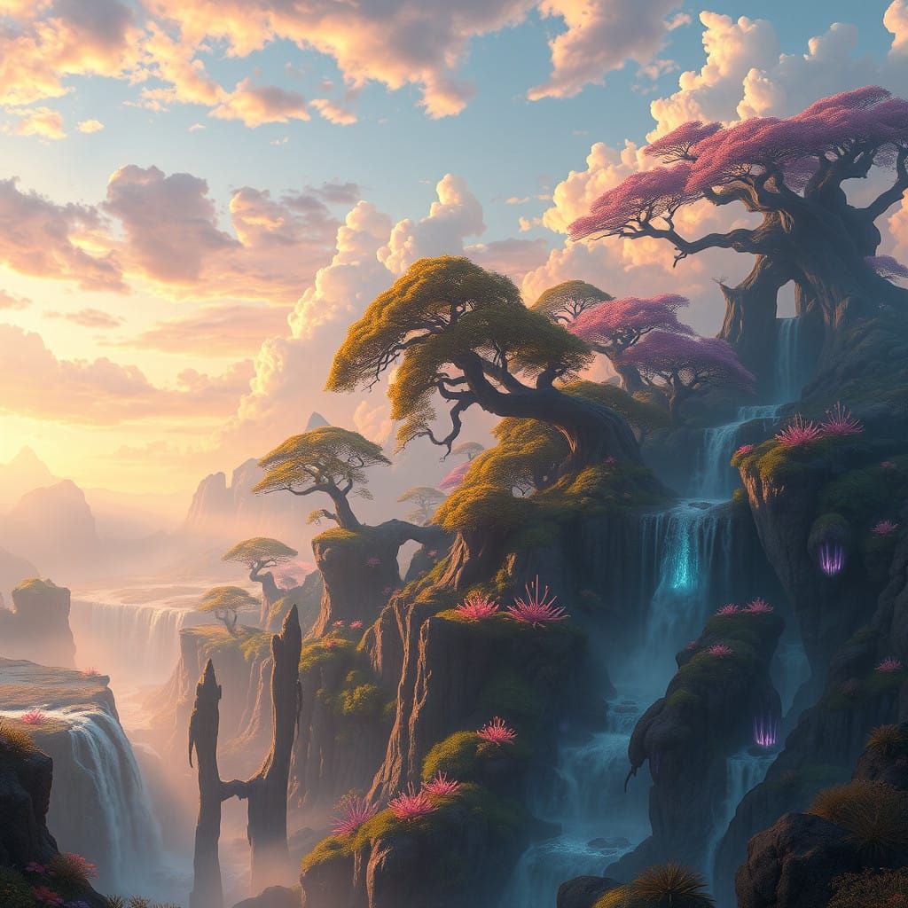 Ethereal Fantasy Realm in Vibrant Gradient Skies