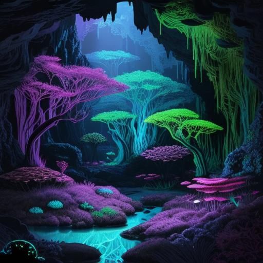 Glowing Alien Cavern in Vector Art Style