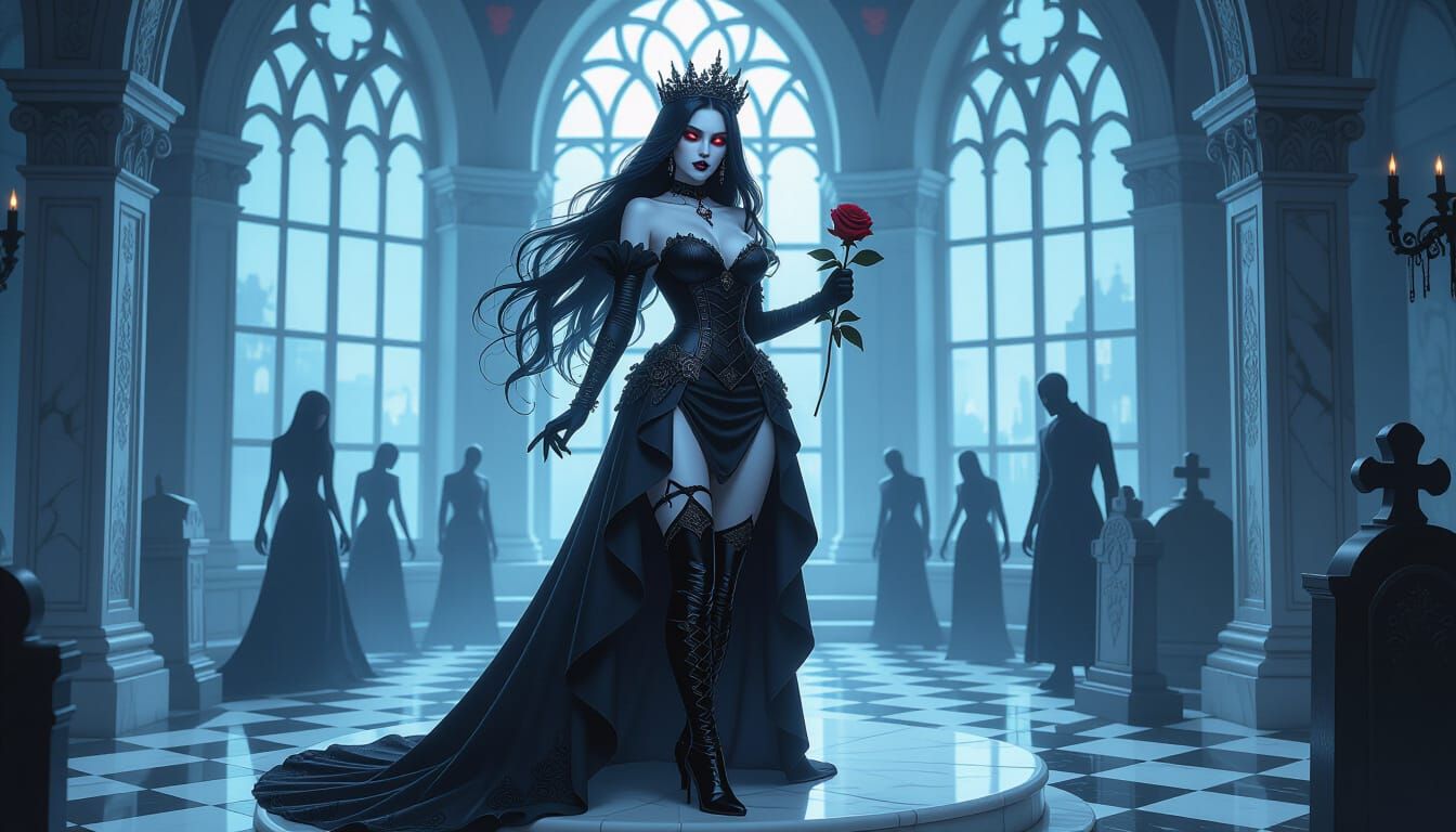 Zombie Queen in Gothic Steampunk Dress on Crypt