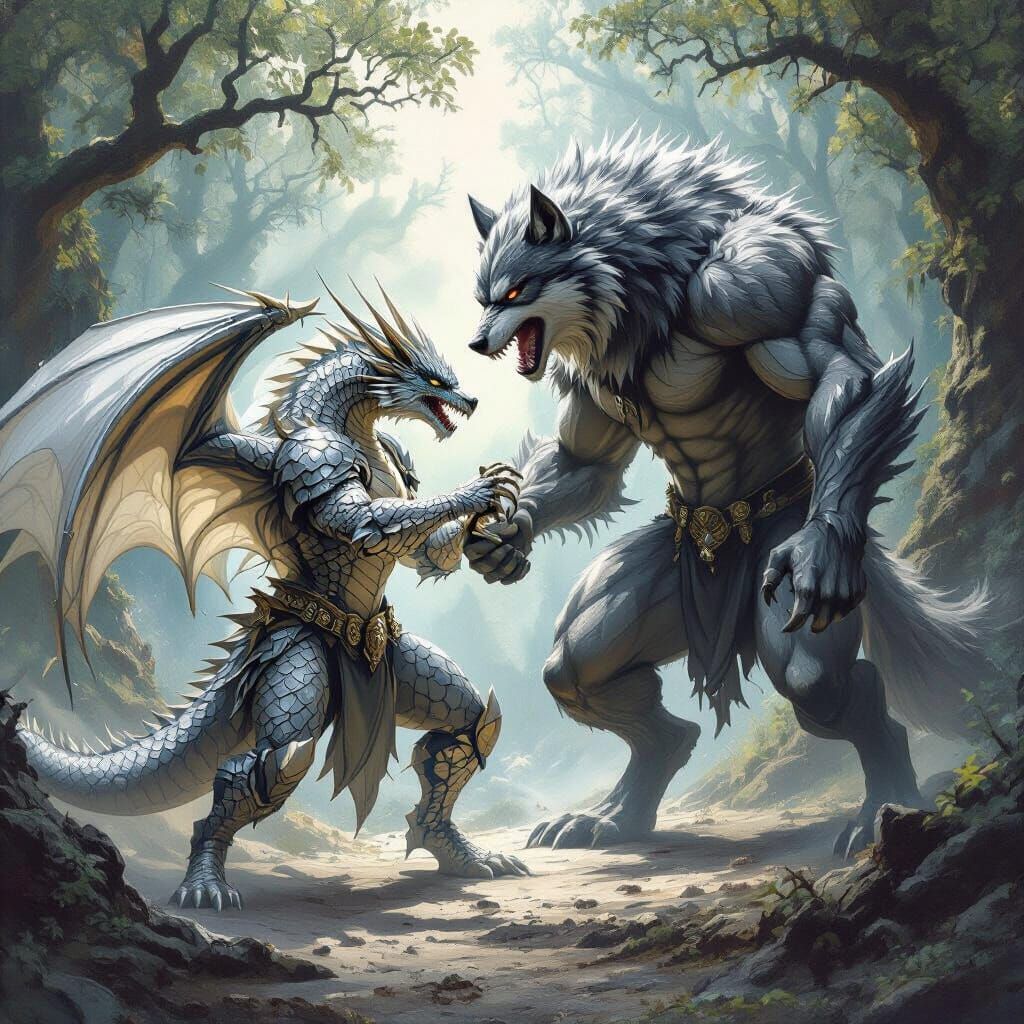 Dragon vs Mutant Wolf in a Frazetta Style