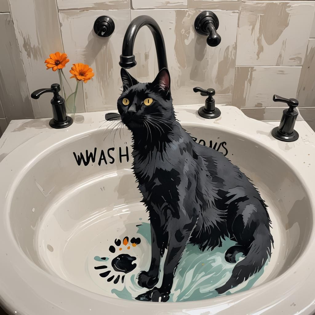 Black Cat Paws in Sink: Abstract Art