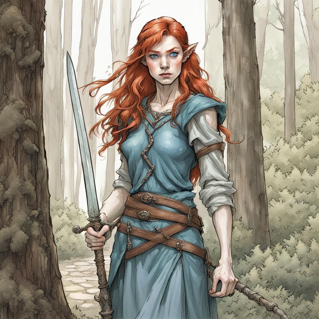 Redhead Elf with Celtic Sword, Detailed Sketch
