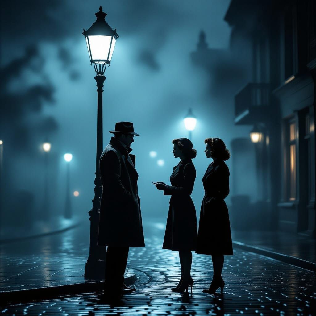 Noir Meeting Under Lamplight in Retro Style