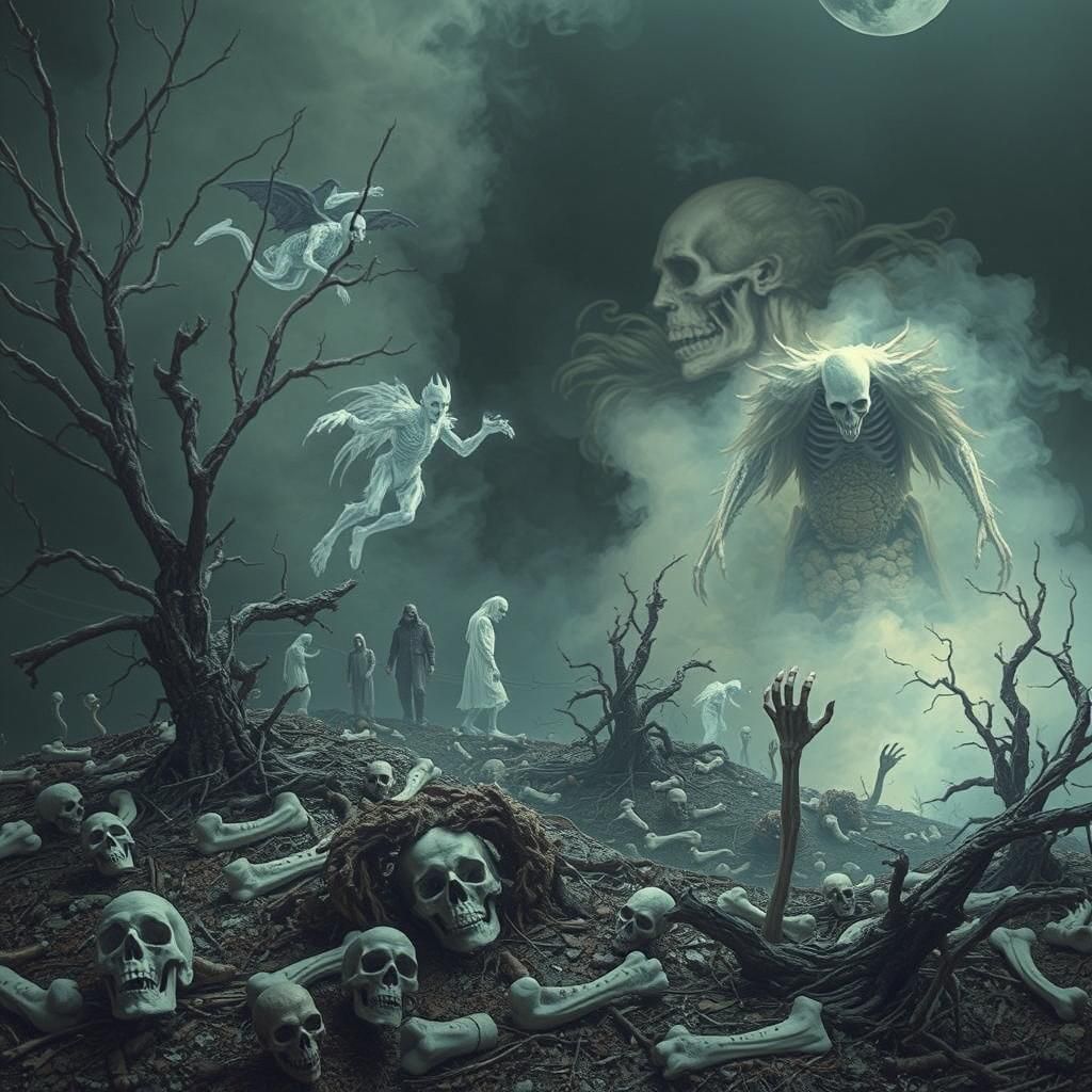 Surreal Horror Landscape of Bones and Decay