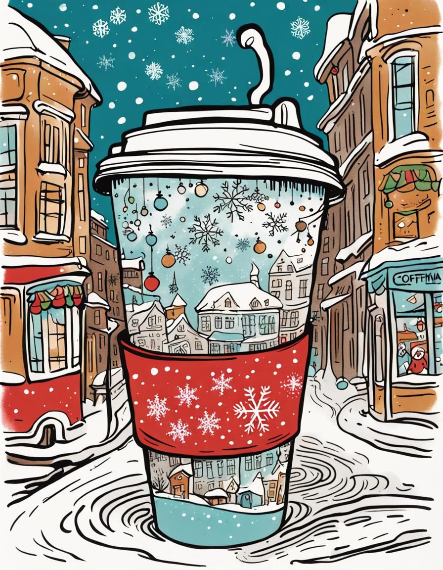 Whimsical Christmas Coffee to-Go Cup in Snowy City Street