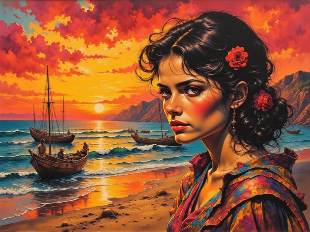 A detailed and intricate 1970's piece of pop art, featuring the double exposed portrait of a beautiful Spanish woman, ov...