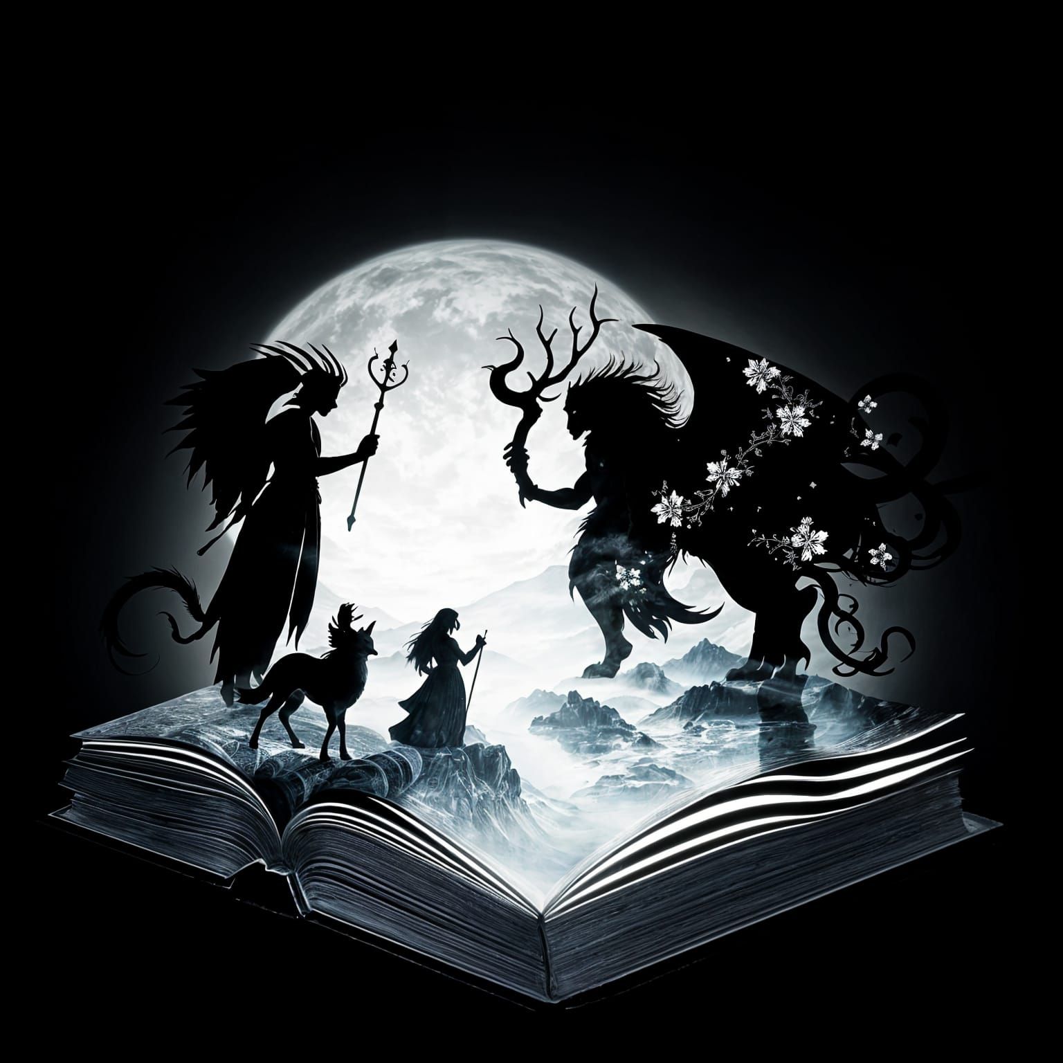 Ethereal Book Silhouette in Mythological Scene