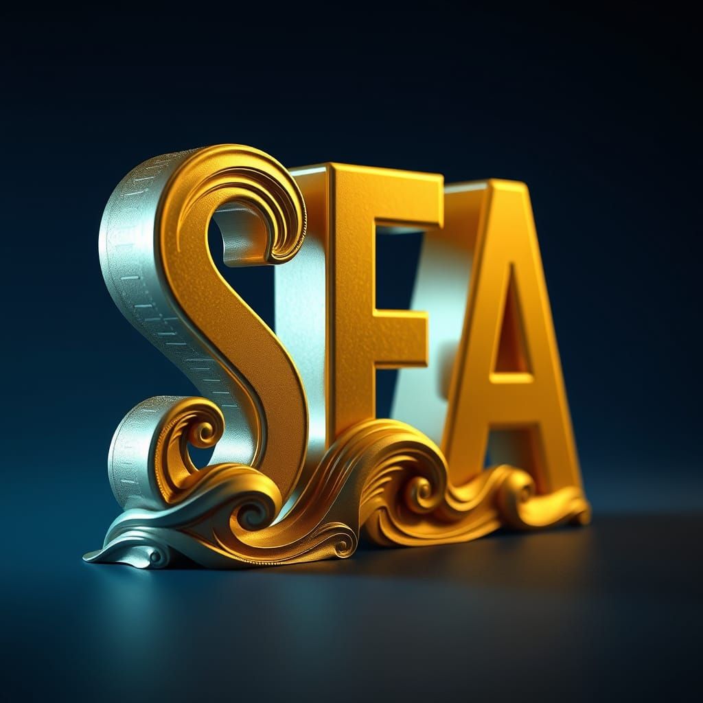 Golden 3D Letters 'SEA' with Dramatic Shading