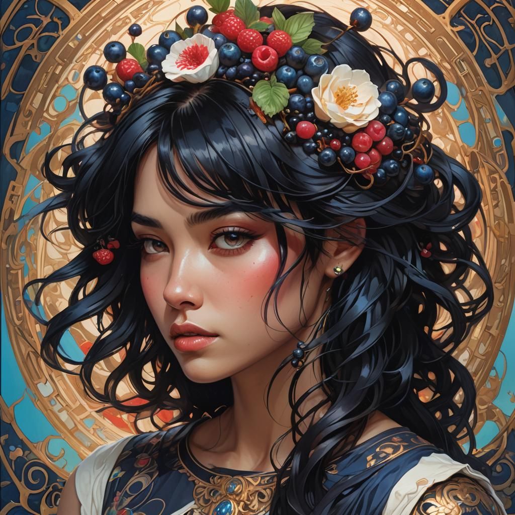 Colorful Portrait of Woman in Blueberry T-Shirt