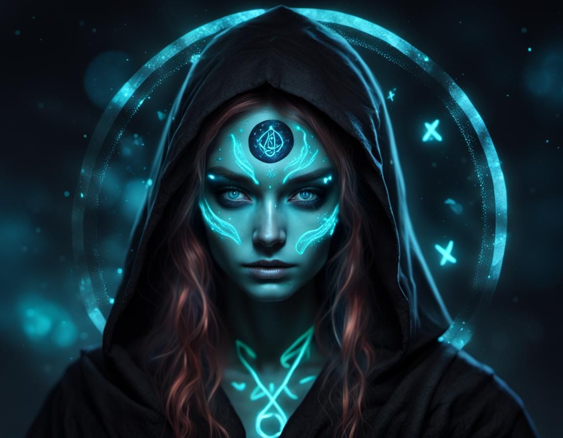 Wild Witch Portrait with Bioluminescent Runes