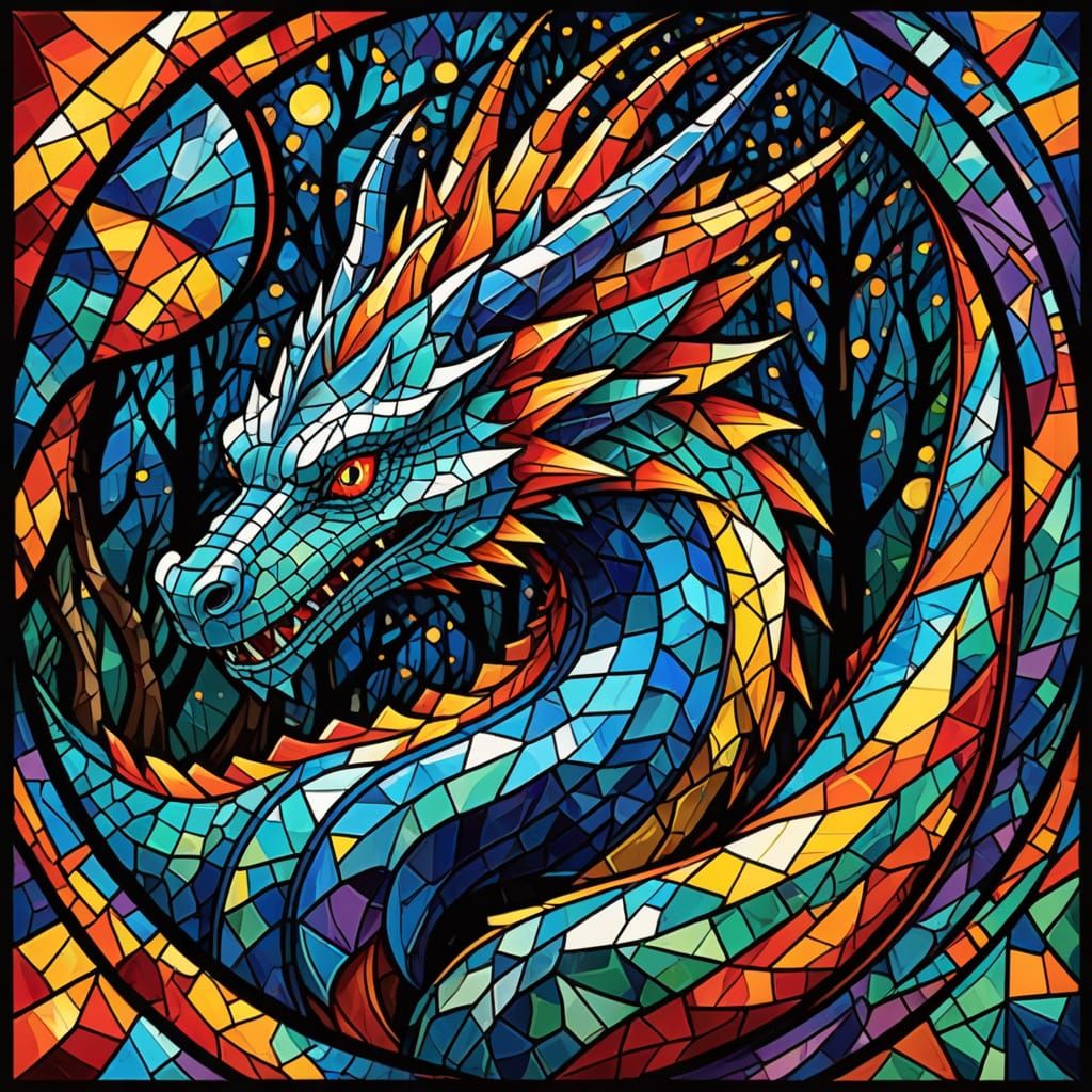 Mosaic Dragon Unleashes Radiant Flames in a Mystical Forest