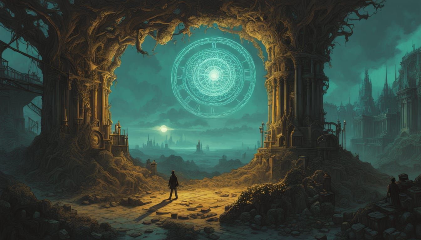 Steampunk City Ruins with Bioluminescent Gears