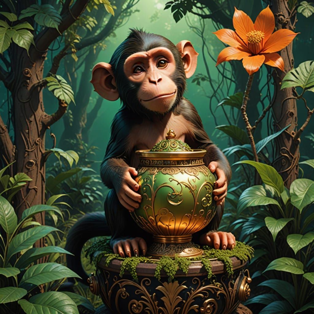 Monkey with Golden Treasure in Emerald Oasis