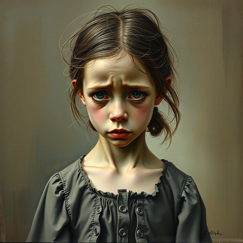 Sorrowful Girl with Elder Wrinkles, Realistic Portrait