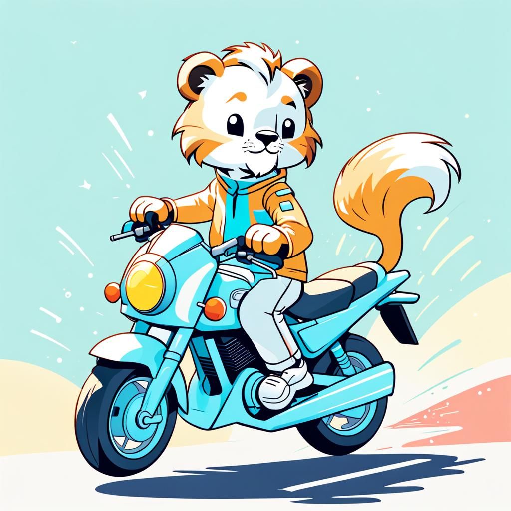 Minimalist line art. Medium shot. A happy cartoon lion anima...