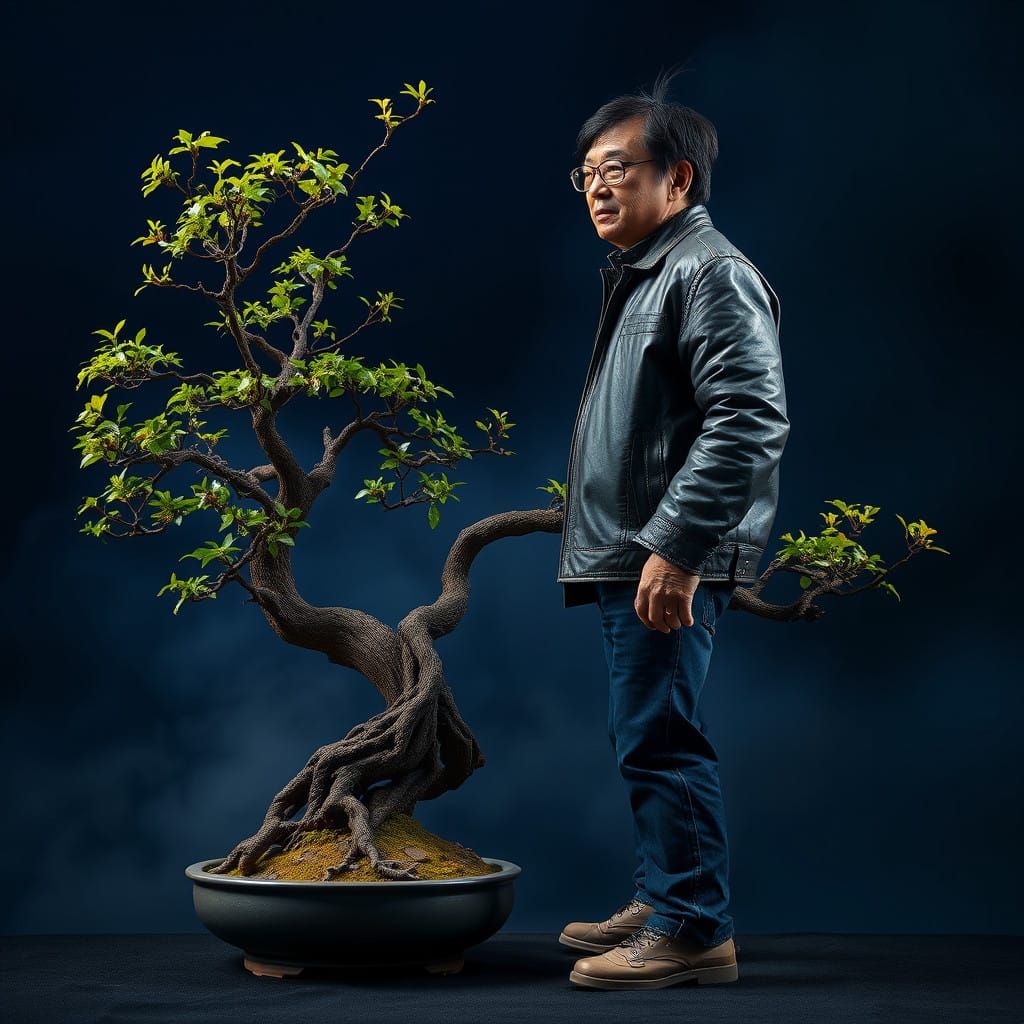 Serene Jackie Chan Beside Bonsai Tree