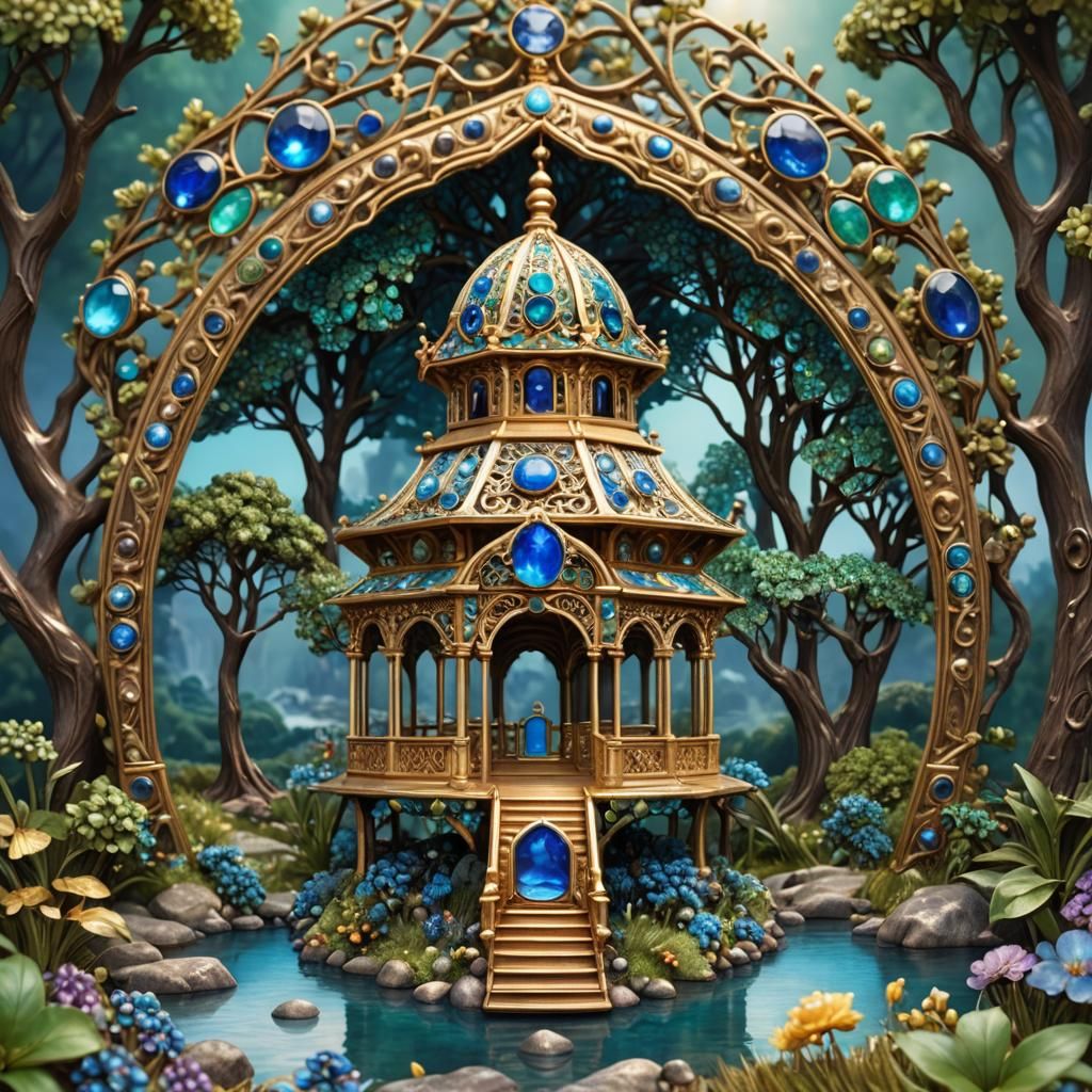 Ornate Antique Brooch with Gazebo, 3D Copper and Gold