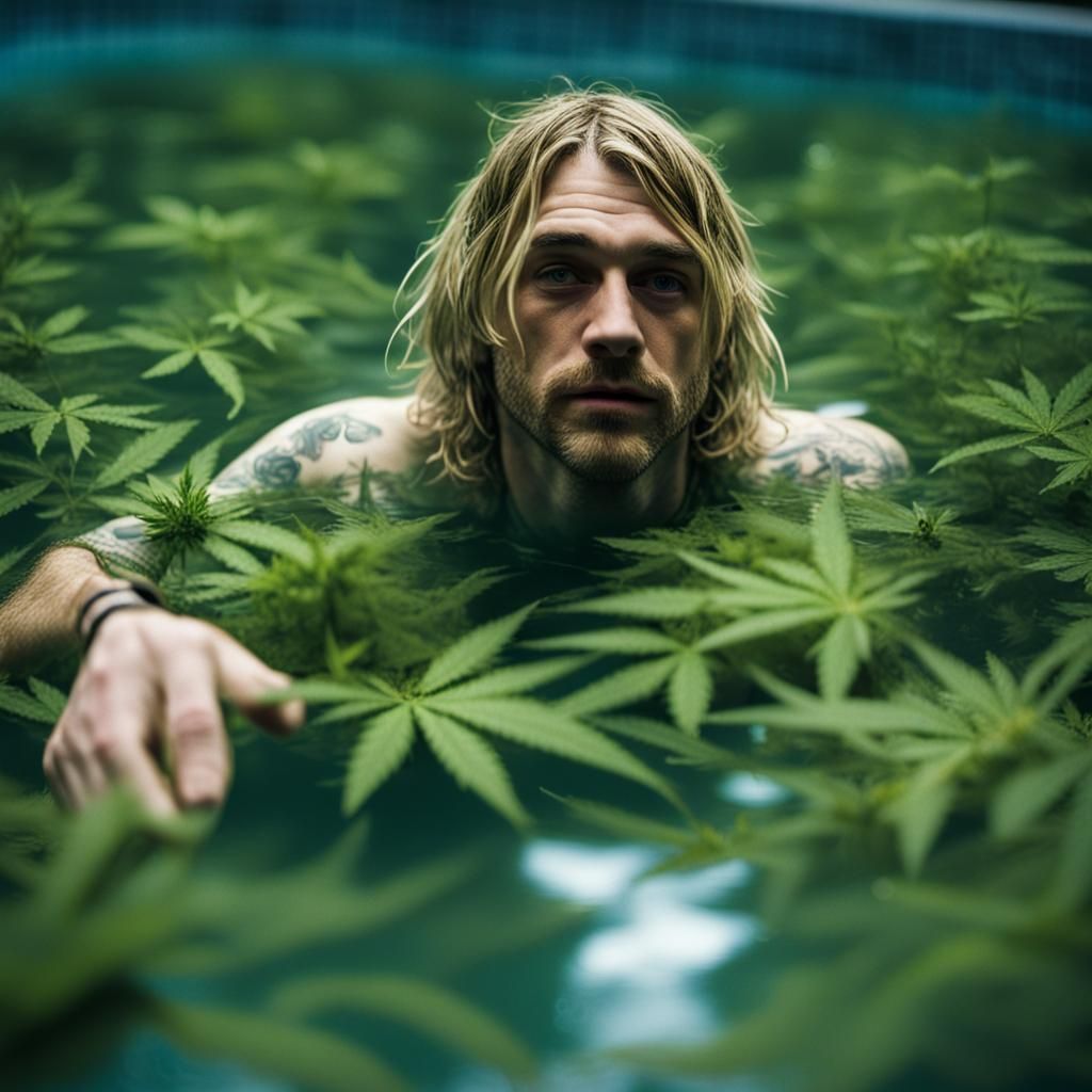 Person Swimming in Cannabis Leaf Pool, Professional Photogra...