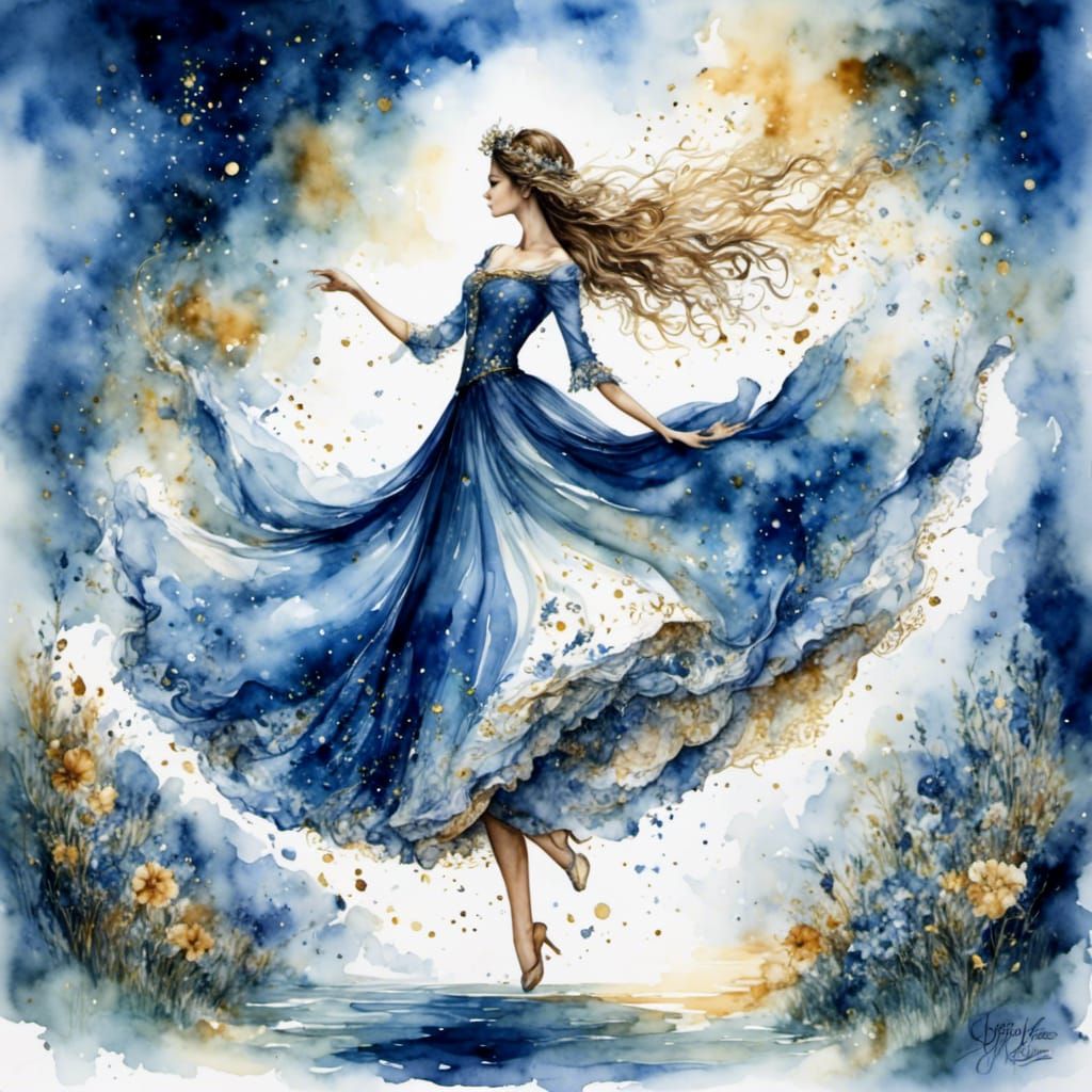Dancing Figure Silhouetted in Watercolor Night Sky