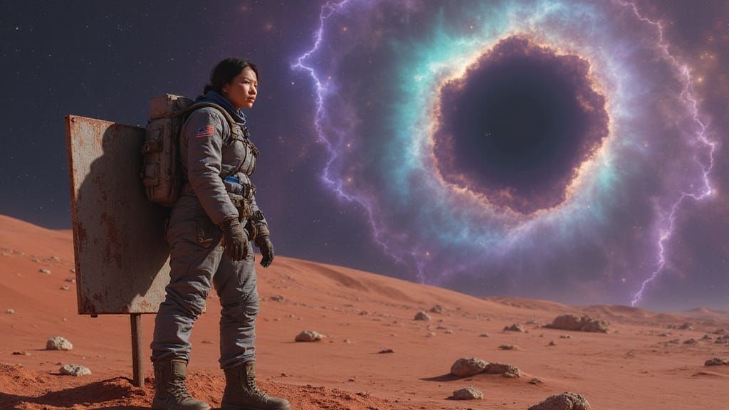 Astronaut on Crimson Planet Gazing at Nebula