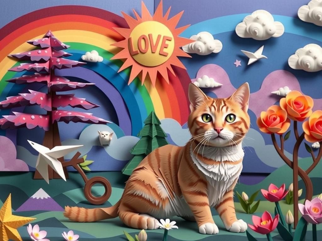 Whimsical Cream-Colored Cat in Papercraft Style