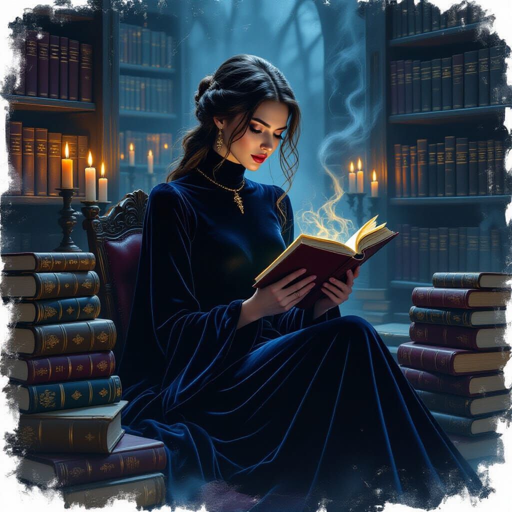 Mystical Library Reader in Dark Fantasy Style