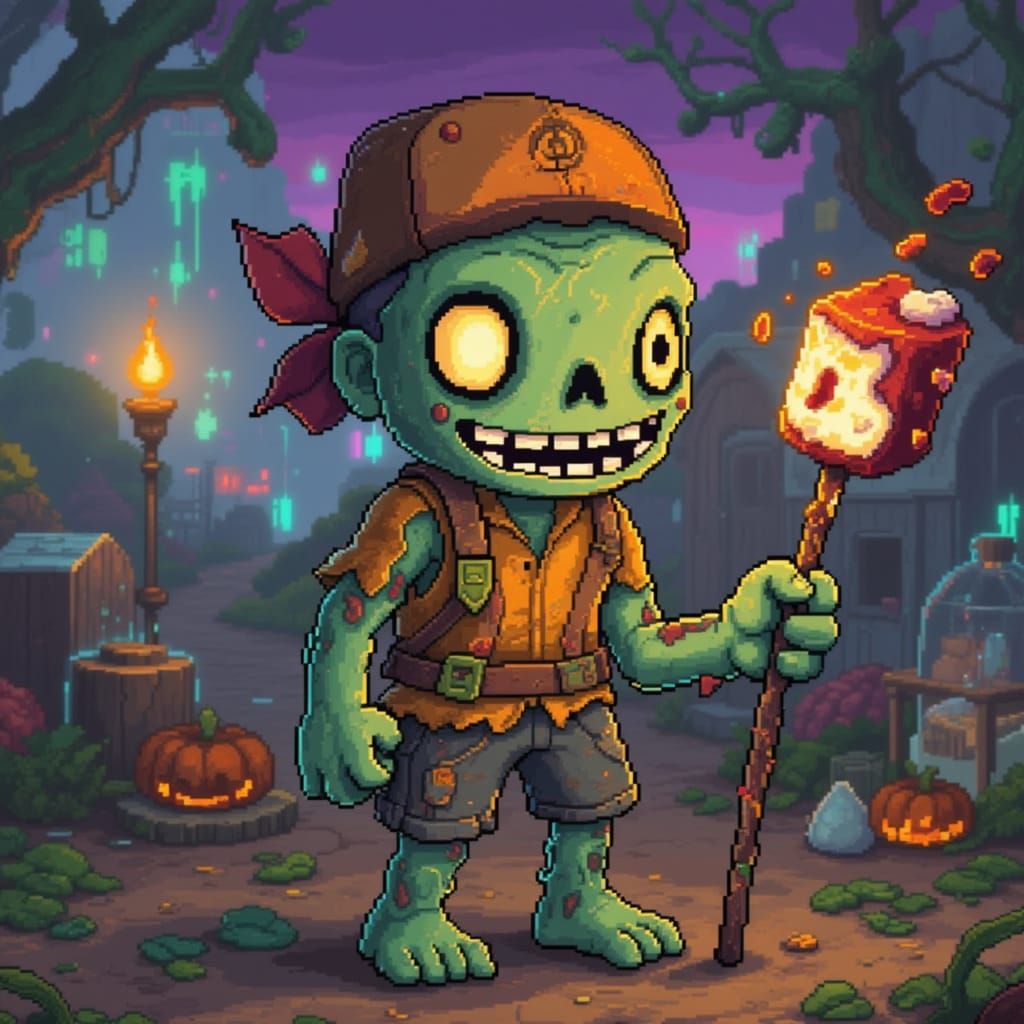 Grinning Zombie Camper with Marshmallow in Pixel Art