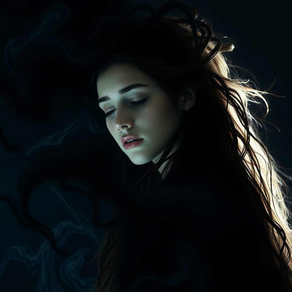 Mystical Woman in a Dimly Lit, Ferrofluid Mirror Scene