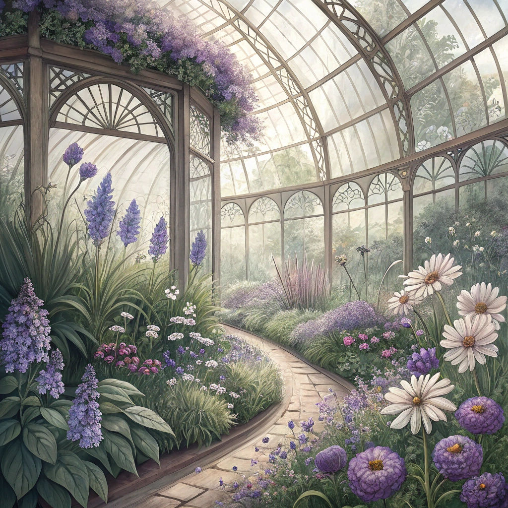 Purple Flowers in Victorian Glass Greenhouse: Watercolor Art