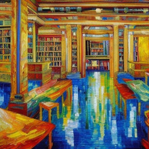 English Library in Expressionist Oil Painting Style