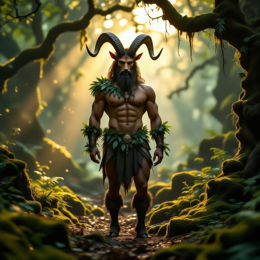 Photorealistic Satyr in Sun-Dappled Ancient Forest